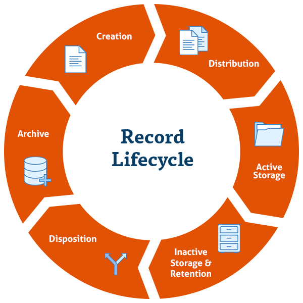 The record lifecycle encompasses the following phases: the creation, distribution, active storage, inactive storage and retention, disposition and archiving of an organization’s records.