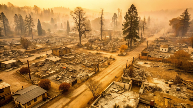 Buildings damaged by wildfires.